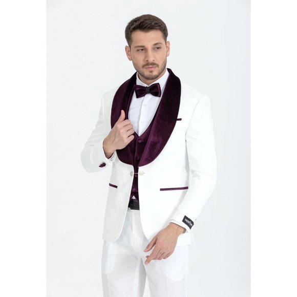 Derman Burgundy Luxury Floral Textured Velvet Collar 3 Piece Tuxedo - Picture 5 of 7